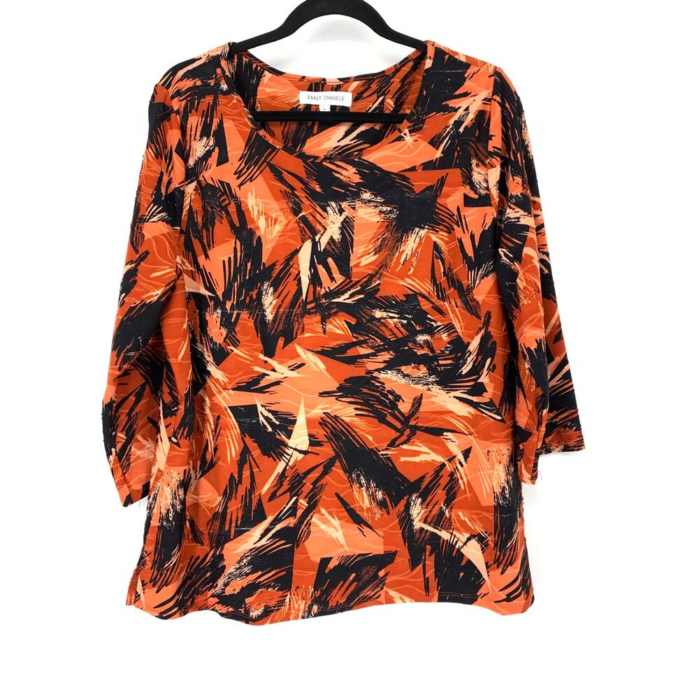 Emily Daniels 3/4 Sleeve Top Womens Size L Orange Red Black Abstract Print